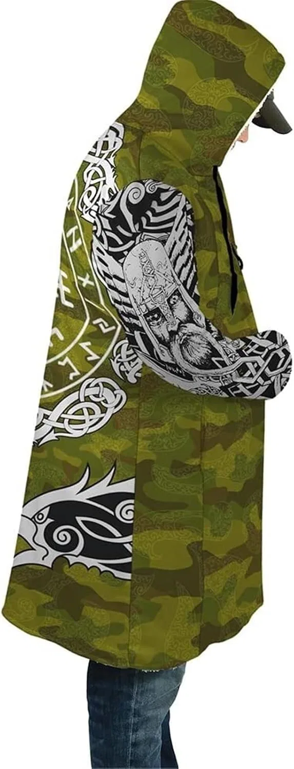 Мужское пальто с принтом Viking Men's Winter Hoode Cloak, 3DPrint Norse Mythology Tattoo Warm Faux Cashmere Coat, Mid-Length Parka Pagan Jacket, Compass — фото 3