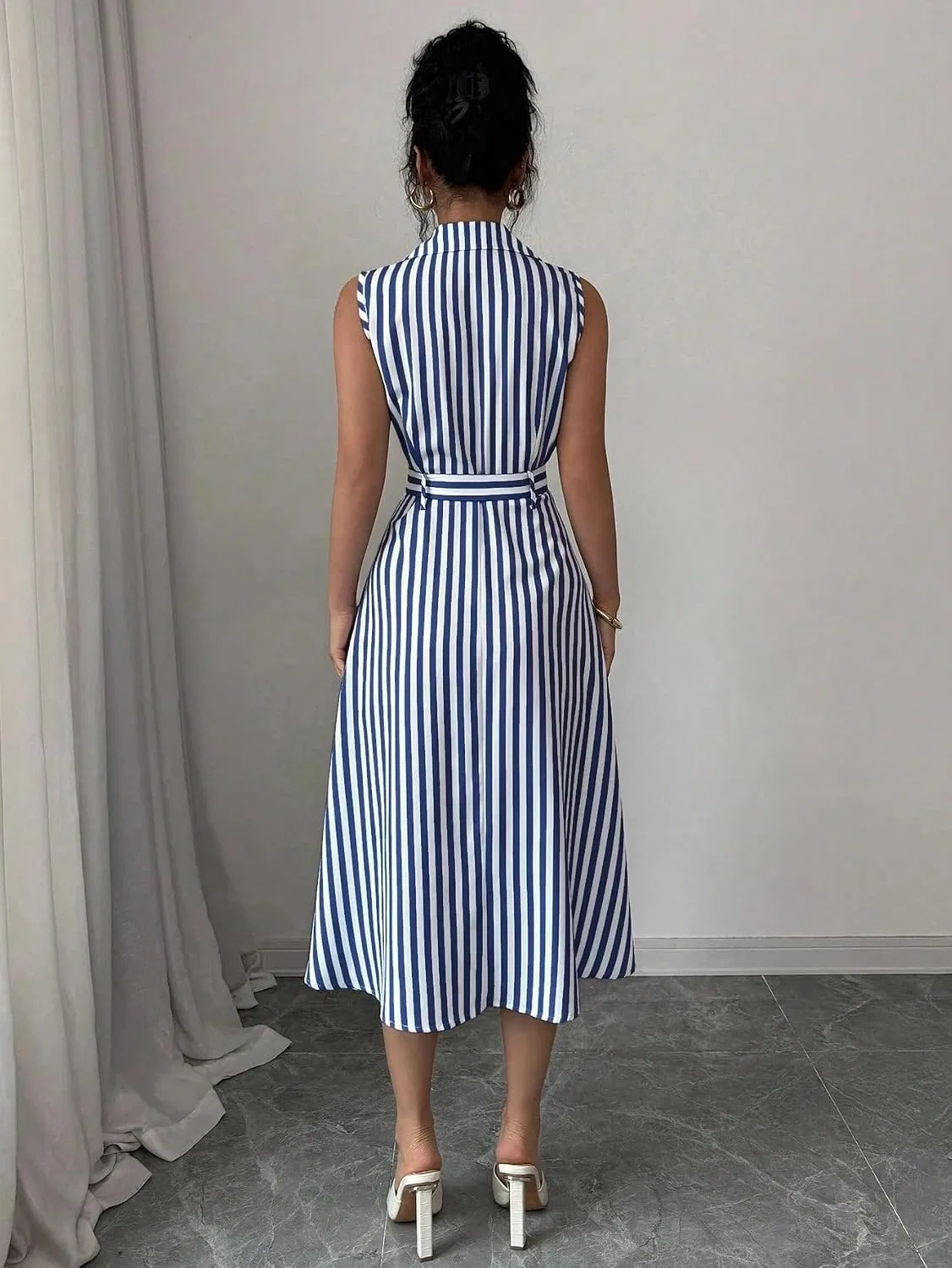 Женское повседневное платье с запахом и поясом, миди, Navy Blue — фото 3
