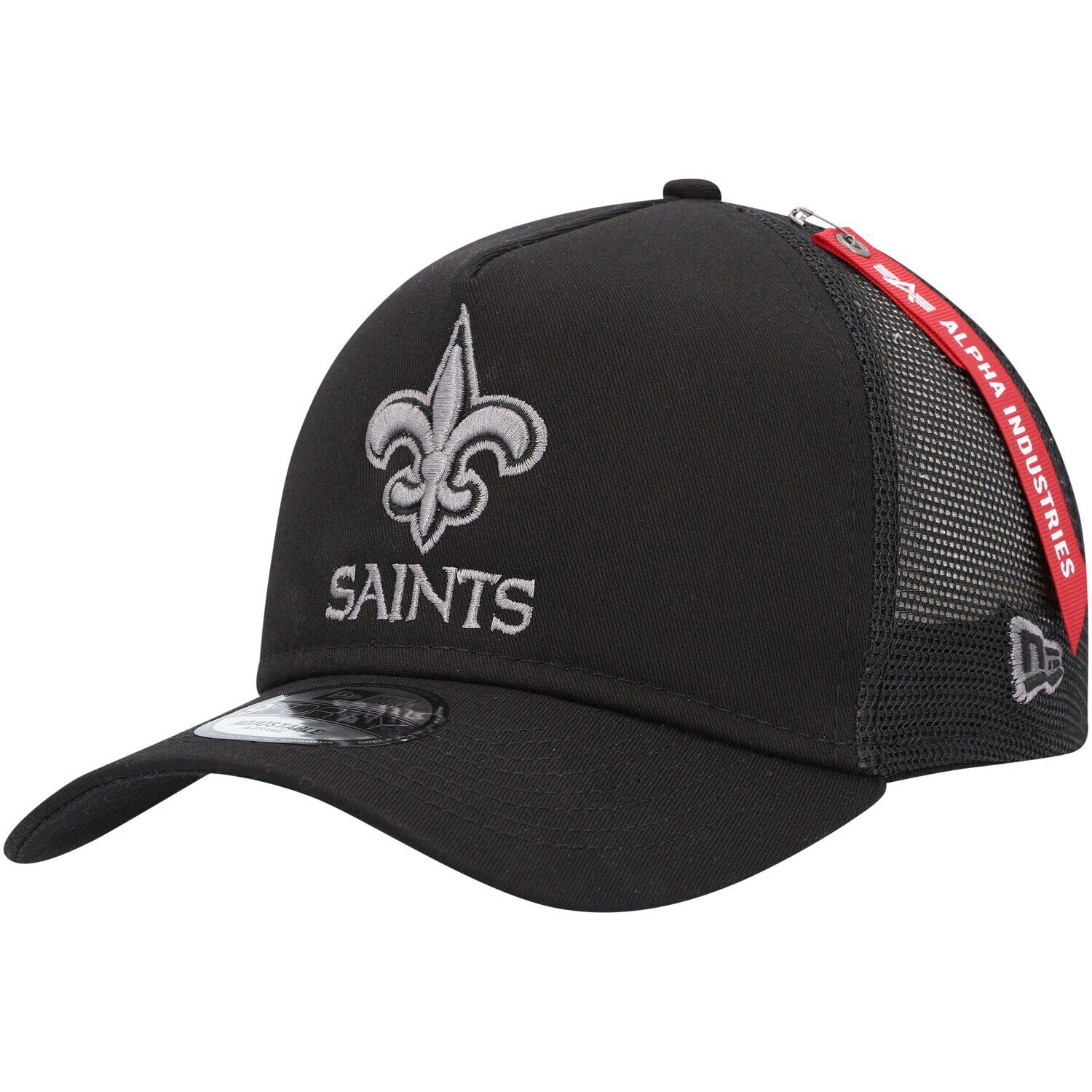 

Мужская черная кепка New Era x Alpha Industries New Orleans Saints A-Frame 9FORTY Trucker Snapback