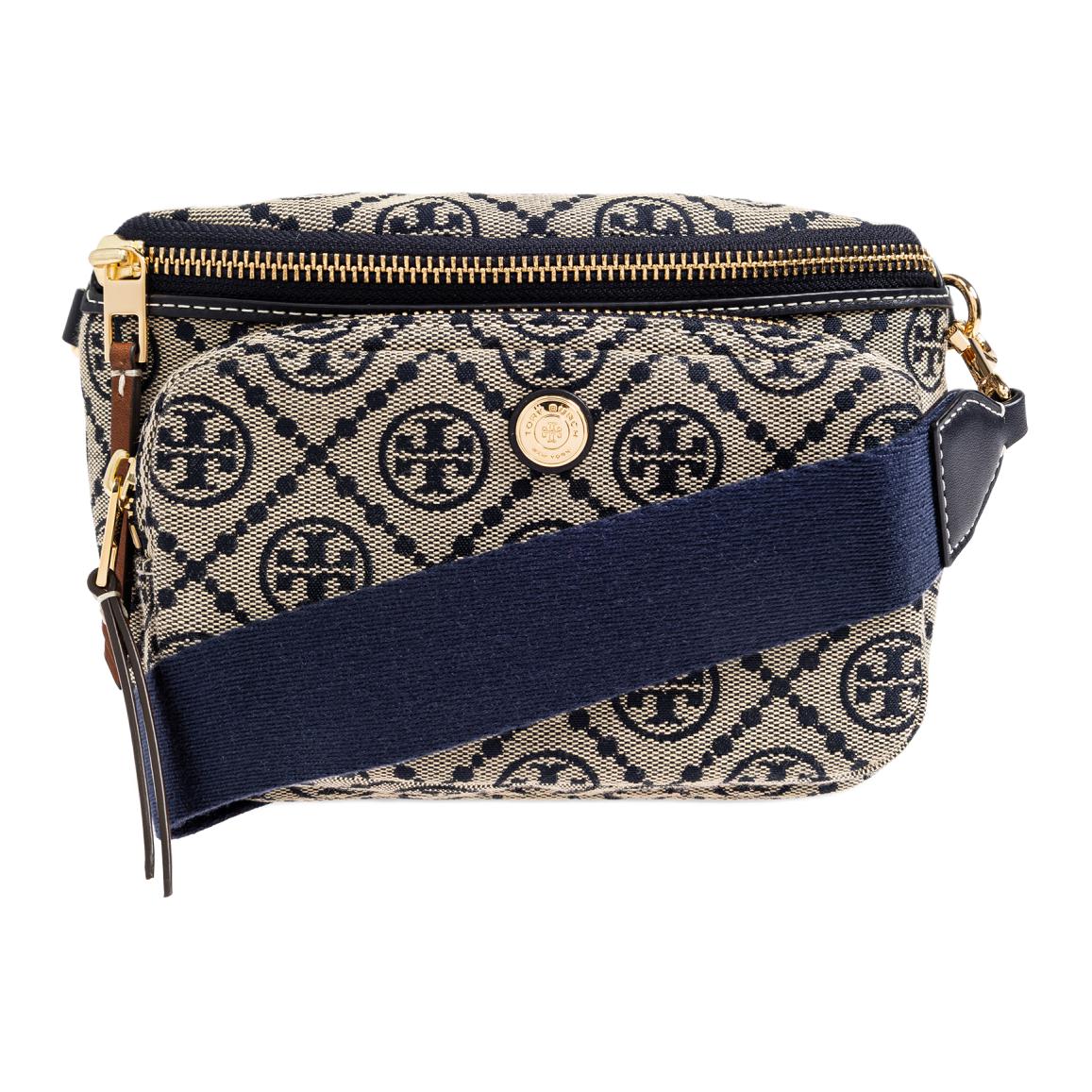 

TORY BURCH Мини-поясная сумка T Monogram из хлопка для женщин в бежевом и синем цветах