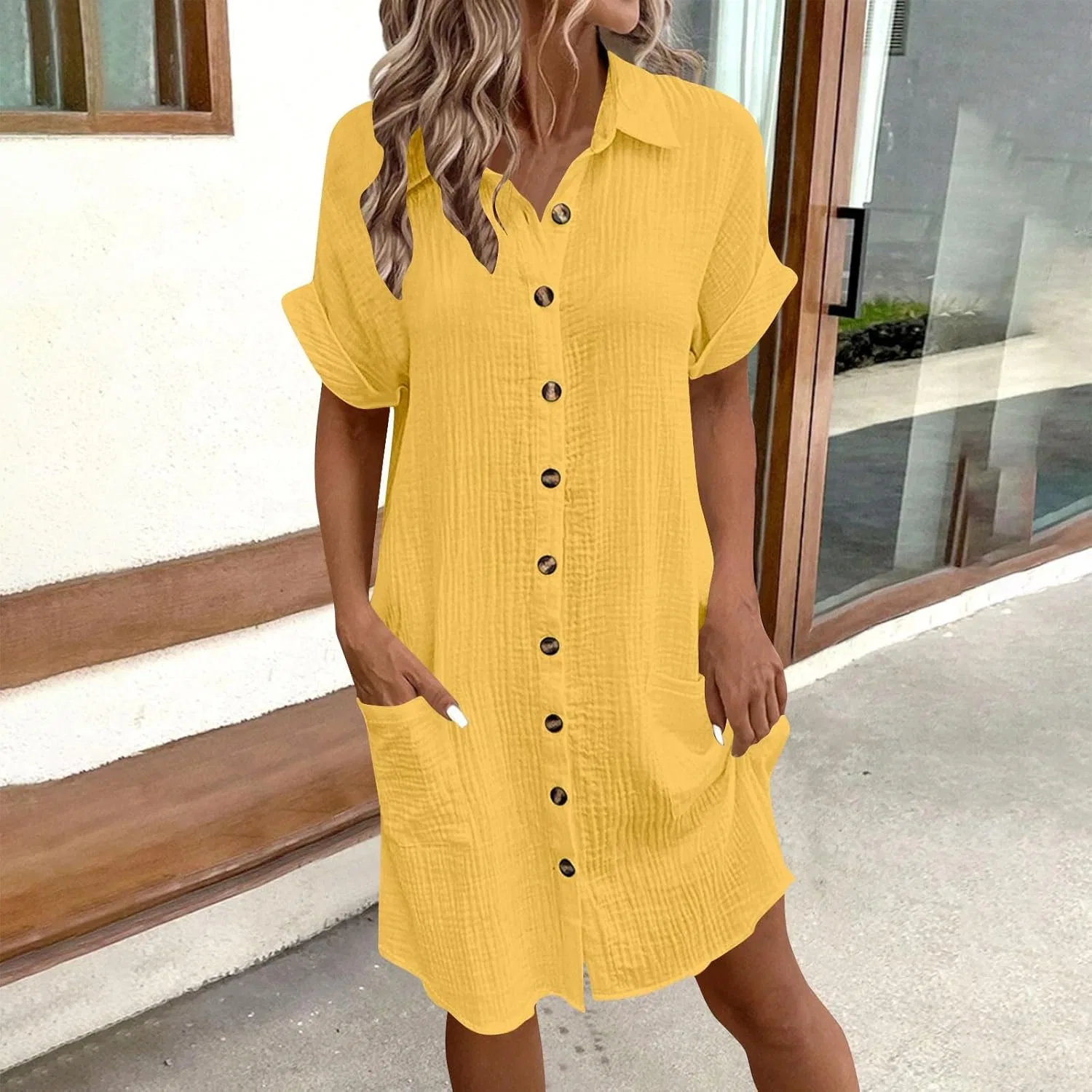 Женское летнее платье-рубашка с коротким рукавом Generic, Yellow — фото 2