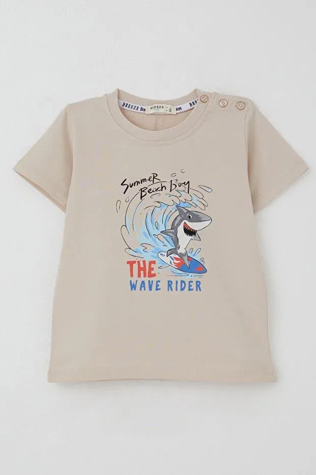 Детская футболка для мальчиков с принтом Surfer Cute Shark Printed Breeze, Beige