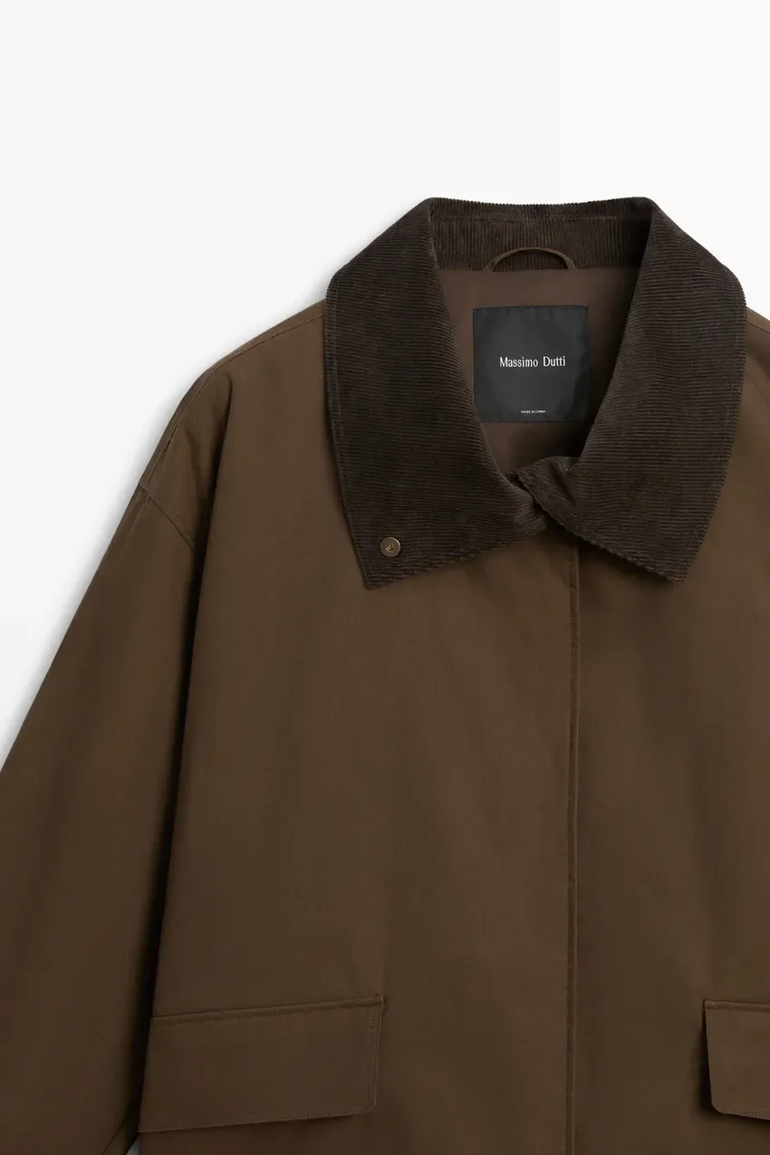 Жакет Massimo Dutti Waxed High-neck Corduroy, темный хаки — фото 2