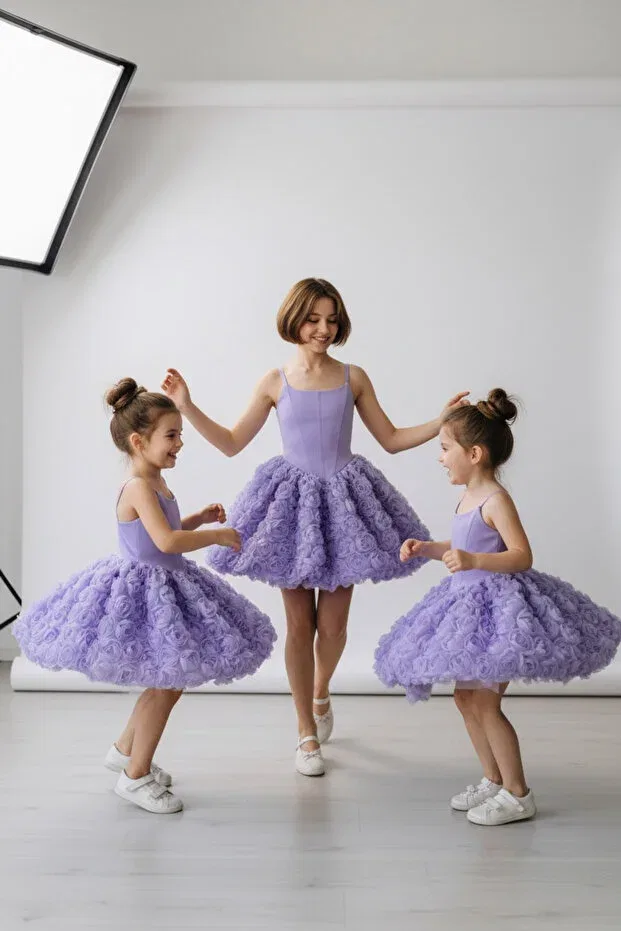 Детское платье для девочек с принтом Lilac Rose Patterned Balloon Skirt Zühre Balaban, Lila — фото 3