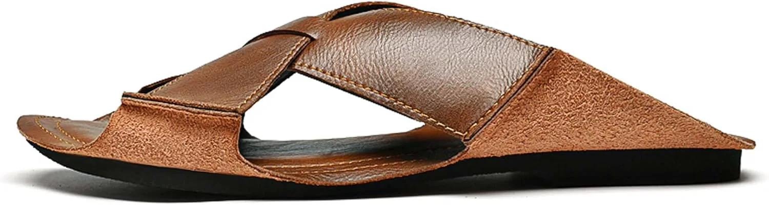 Men's leather fashion casual slides сандалии, comfortable lightweight non-slip soft bottom slide сандалии summer outdoor leisure beach сандалии，Premium leather slides Vtiao, коричневый — фото 3