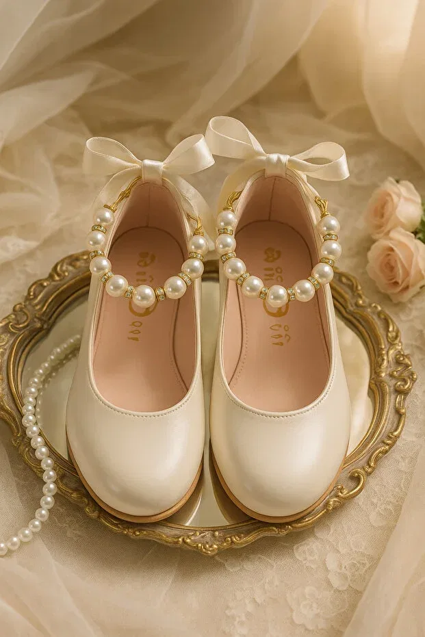 Детские балетки для девочек с жемчугом Sirri, Bright Cream