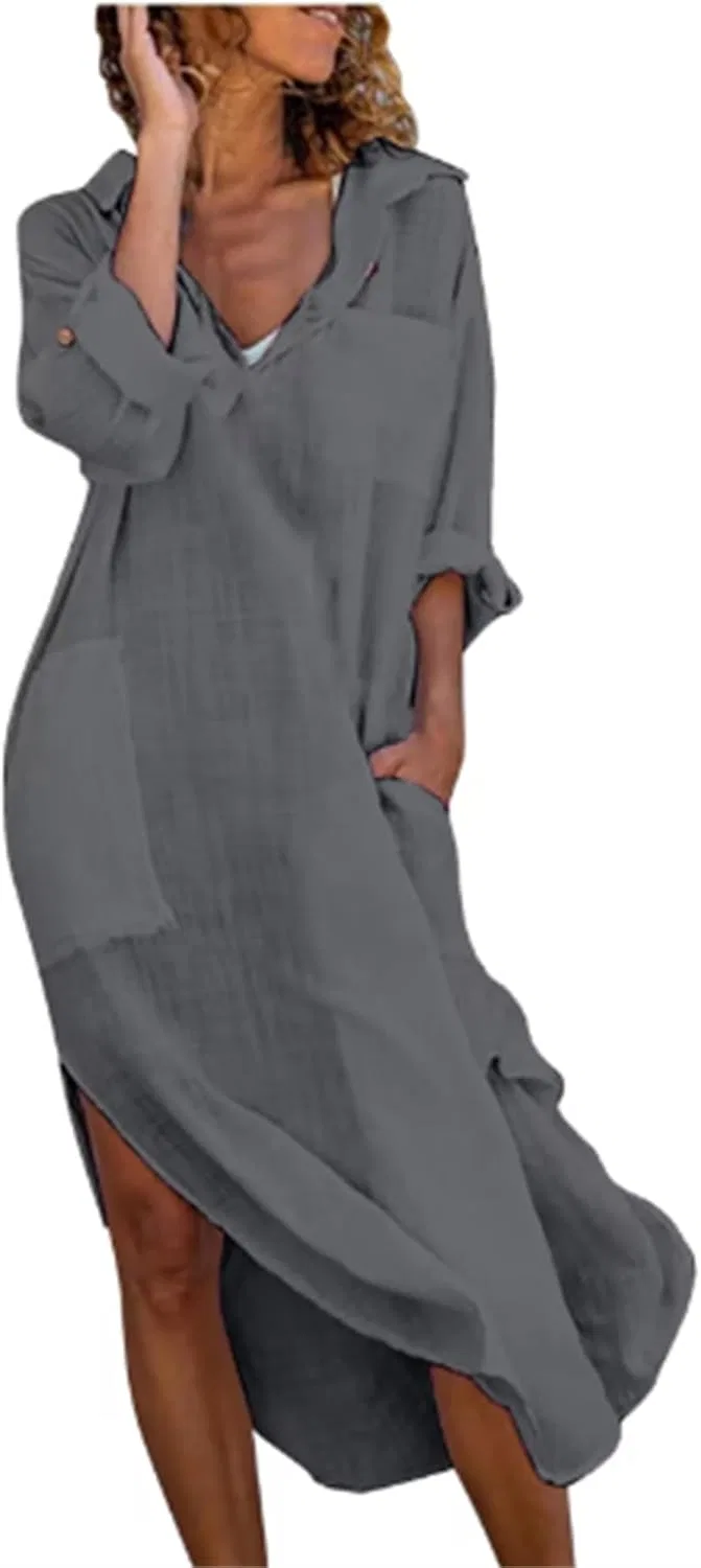 Женское платье свободного кроя из хлопка и льна, Dark Grey — фото 2