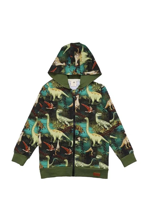 Детская куртка для девочек с принтом Organic children's sweat jacket with dinosaur forest pattern Walkiddy, Green