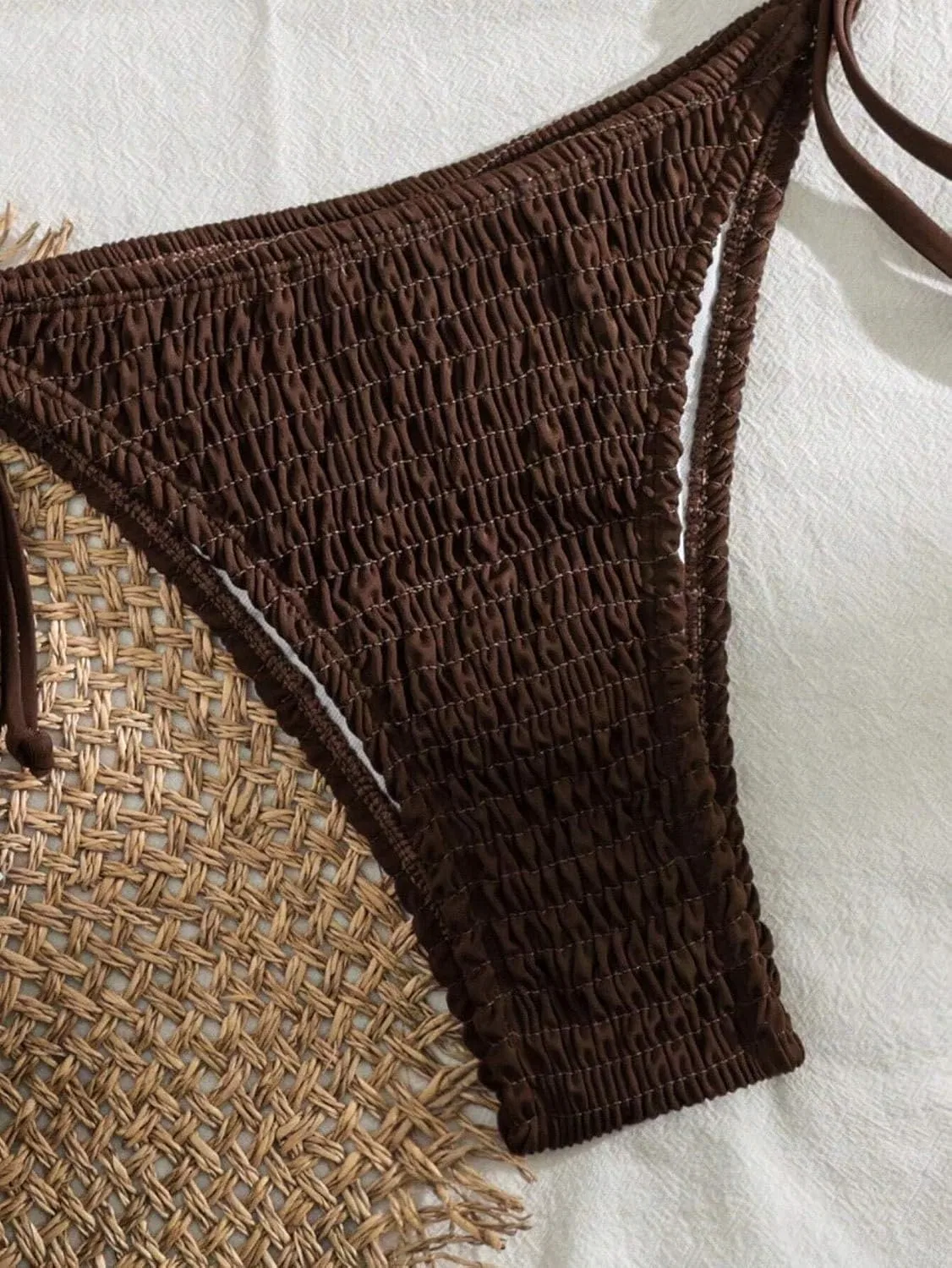 Женский бикини-сет с высокой талией, Backless Tie Back Halter, Coffee Brown — фото 4