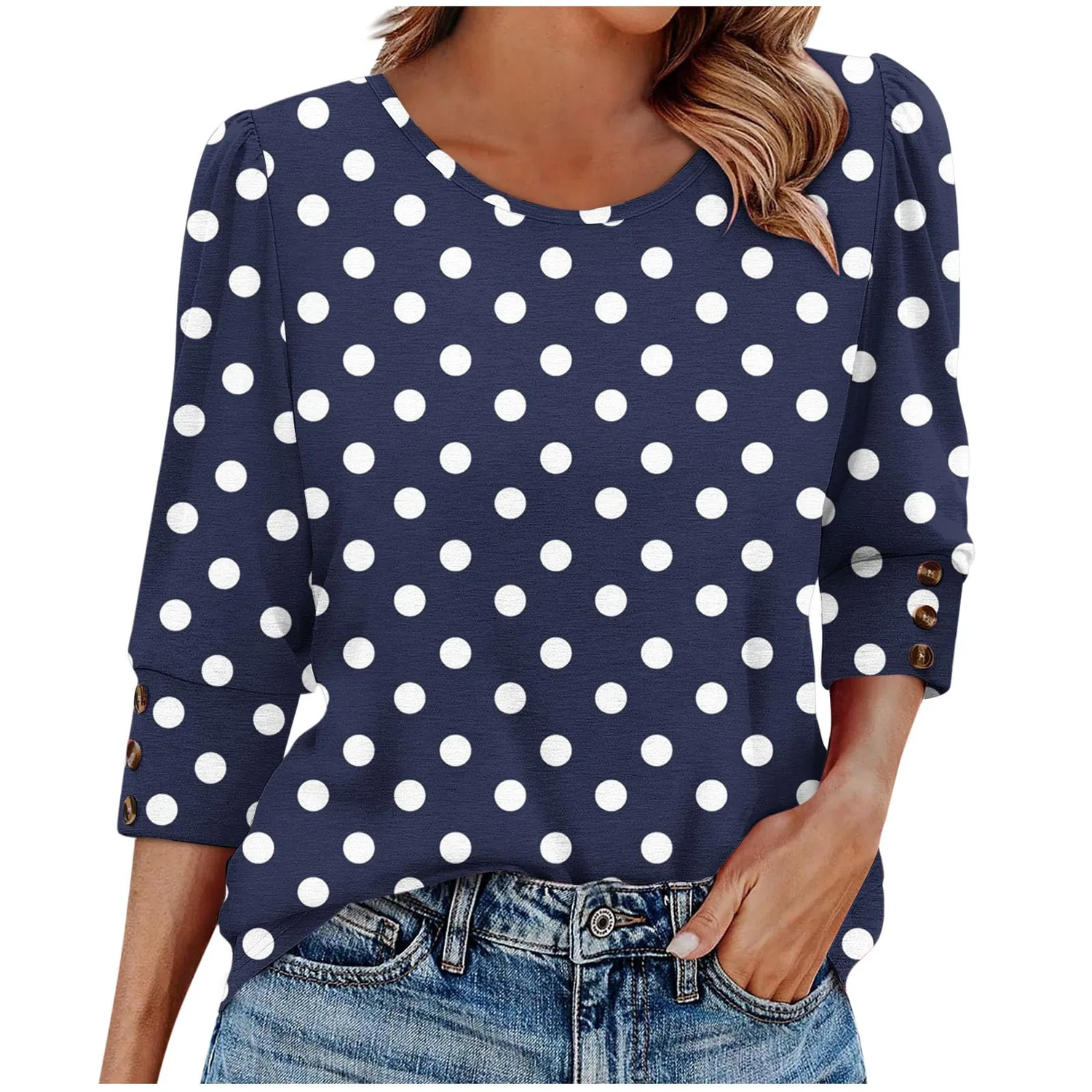 Женская блуза с принтом в горошек Women Tops Comfortable Autumn Winter Lounge T-Shirt 3/4 Sleeve Casual Loose Buttons Blouse Holiday Round Neck Polka Dot Shirts Basic Tunic Tops For Leggings, 01 Navy Blue
