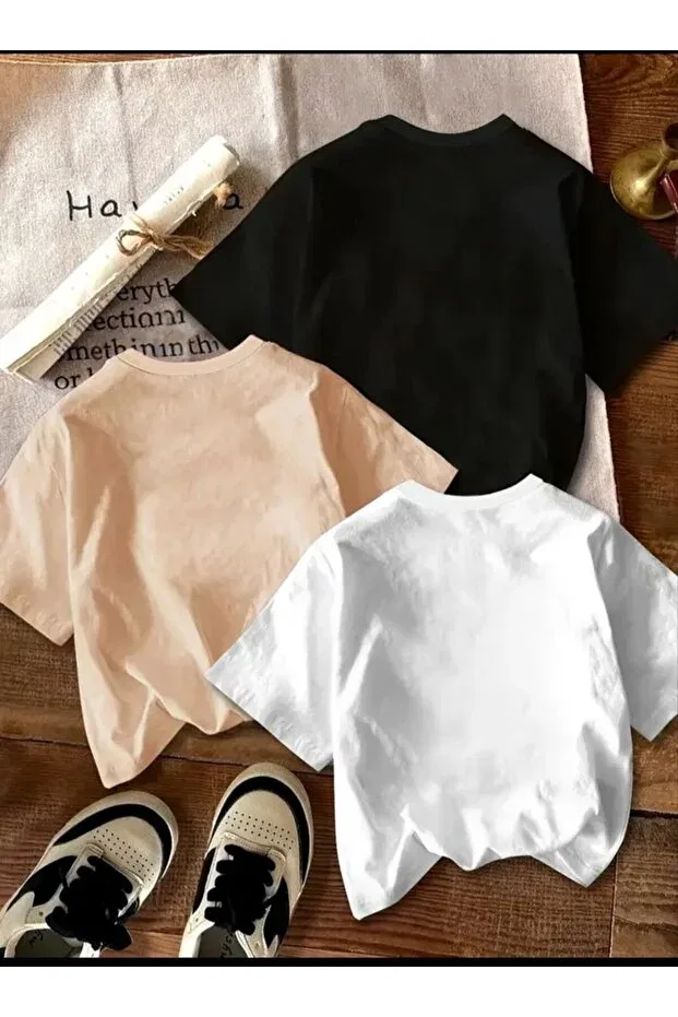 Детский комплект футболок оверсайз с принтом Elan Wear, Beige+Black+White2 — фото 2