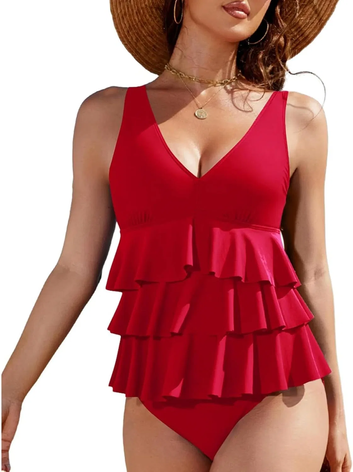Женский танкини с V-образным вырезом, утягивающий живот, Adjustable Strap, Red — фото 2