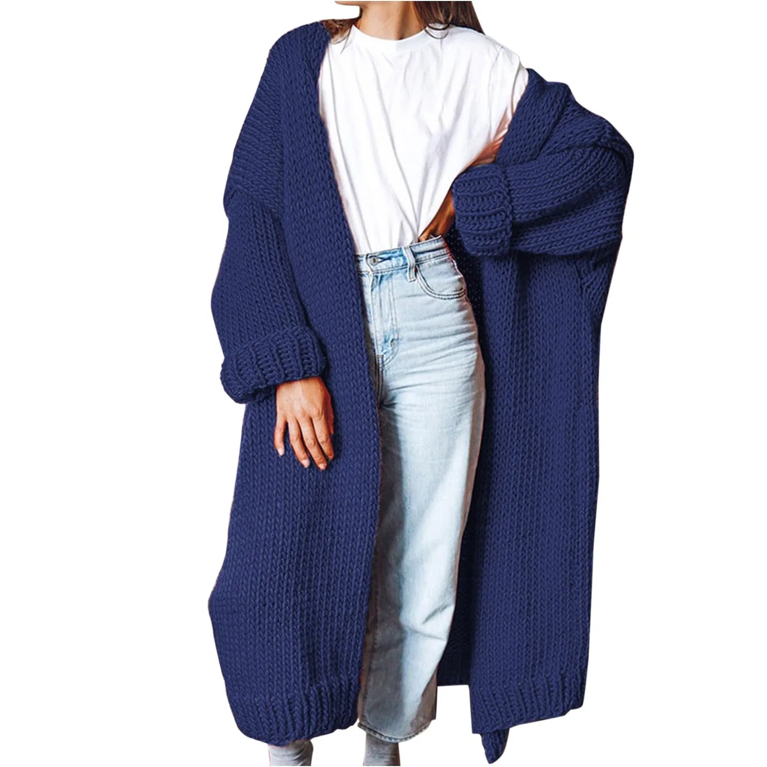 Женский кардиган крупной вязки с длинным рукавом, Blu Scuro