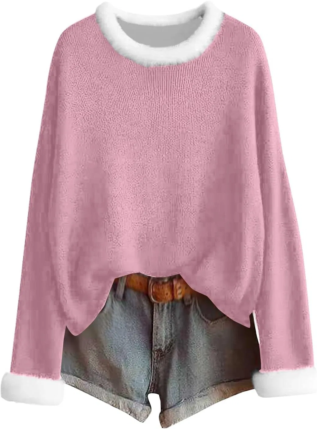 Женский свитшот с принтом Ugly Christmas, faux fur trim, V-neck, белый, розовый — фото 2