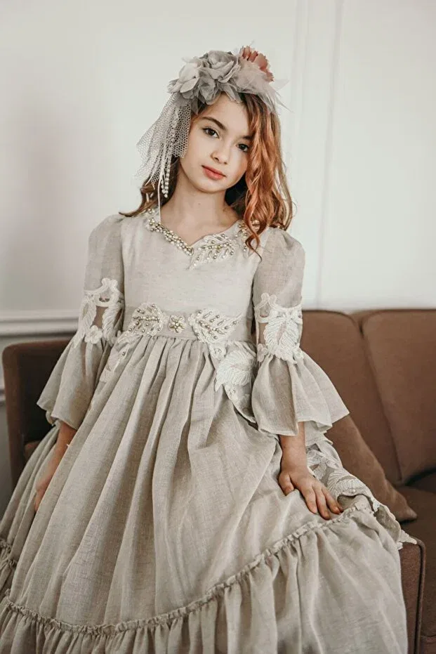 Детское платье для девочек с длинным рукавом Special Design Long Girl's Birthday Dress With Crown Accessories Mialora Exclusive By Emel Ebru Özdemir, Beige — фото 2