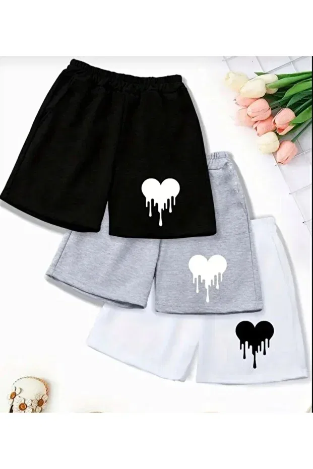 Детские шорты для девочек с принтом Summer girls' 3-pack paint hearts printed shorts Generic Brands, Black White Gray