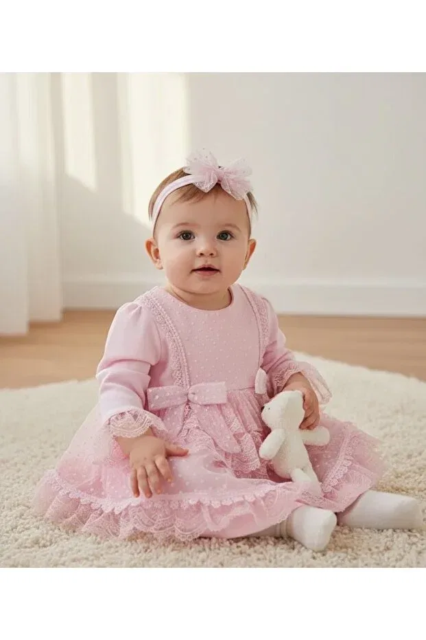 Детское платье для девочек с кружевом Organic lace detail baby girl dress Miniborn, Pink