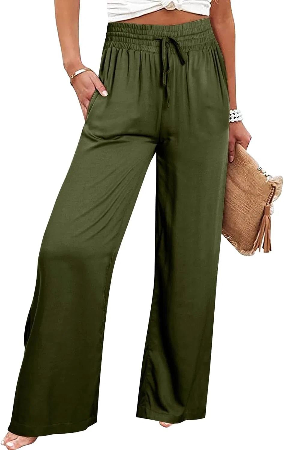 Женские широкие брюки палаццо с завышенной талией и завязками, Army Green
