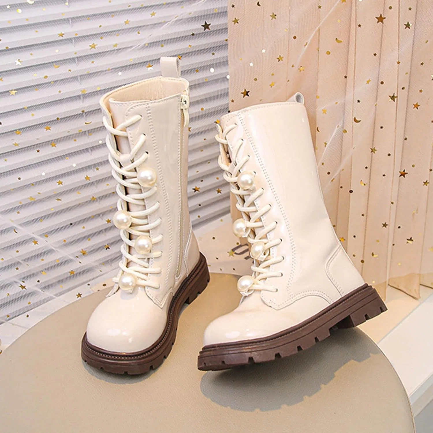 Детские ботинки для девочек с жемчугом Combat Boots Zzalalana, White — фото 3