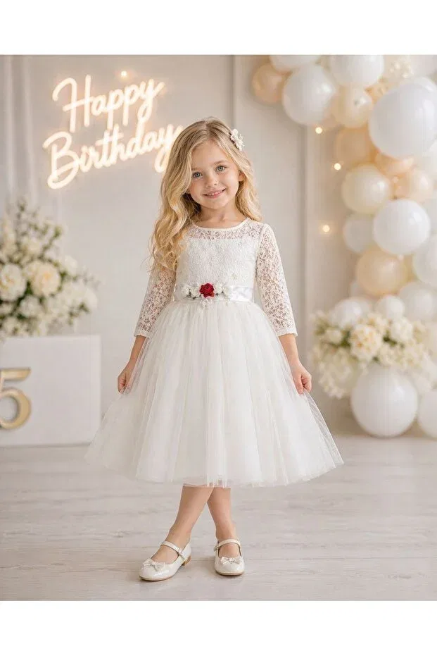Детское платье для девочек с длинным рукавом Süslü Pink Kids, White