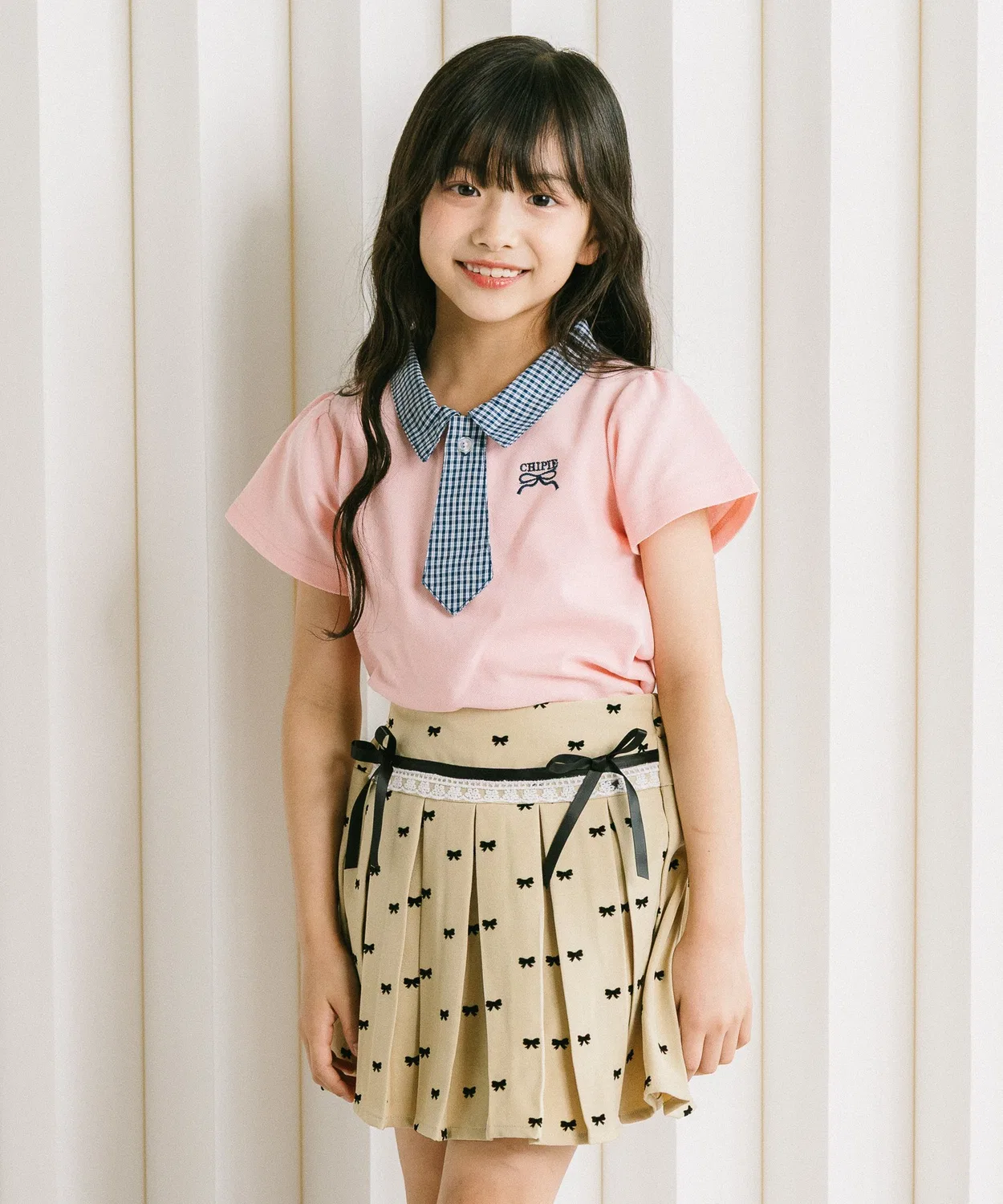 Детская юбка для девочек с принтом Ribbon Pleated с шортами URBAN CHERRY, Beige — фото 2