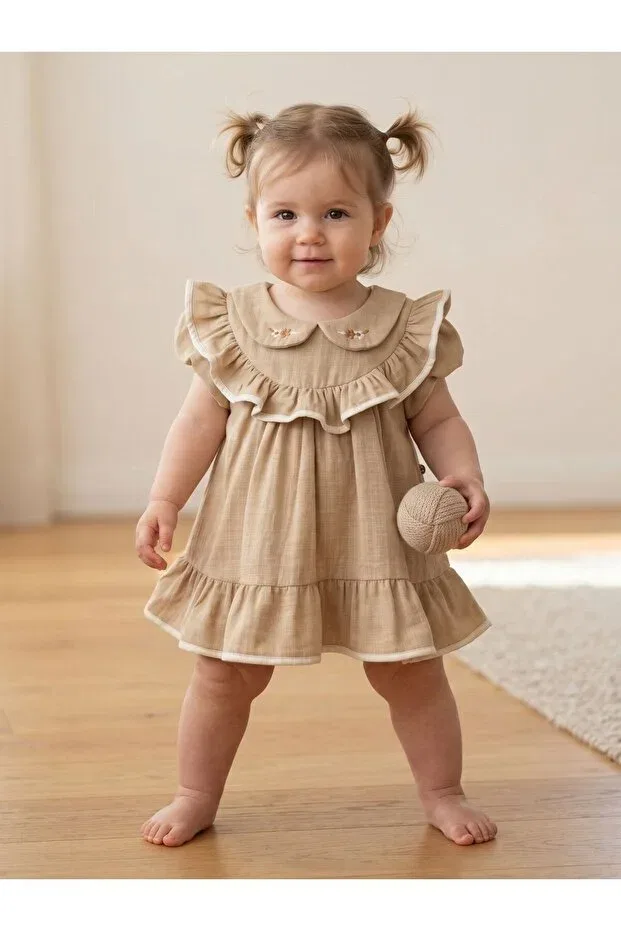 Детское платье для девочек льняное Piping linen dress Cherrys Bebek, Beige