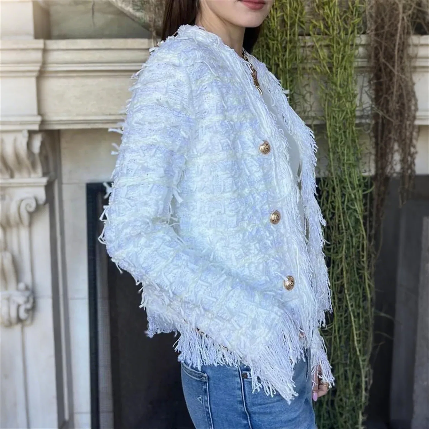 Женский кардиган с бахромой Fringe Cardigan Jacket, White — фото 4