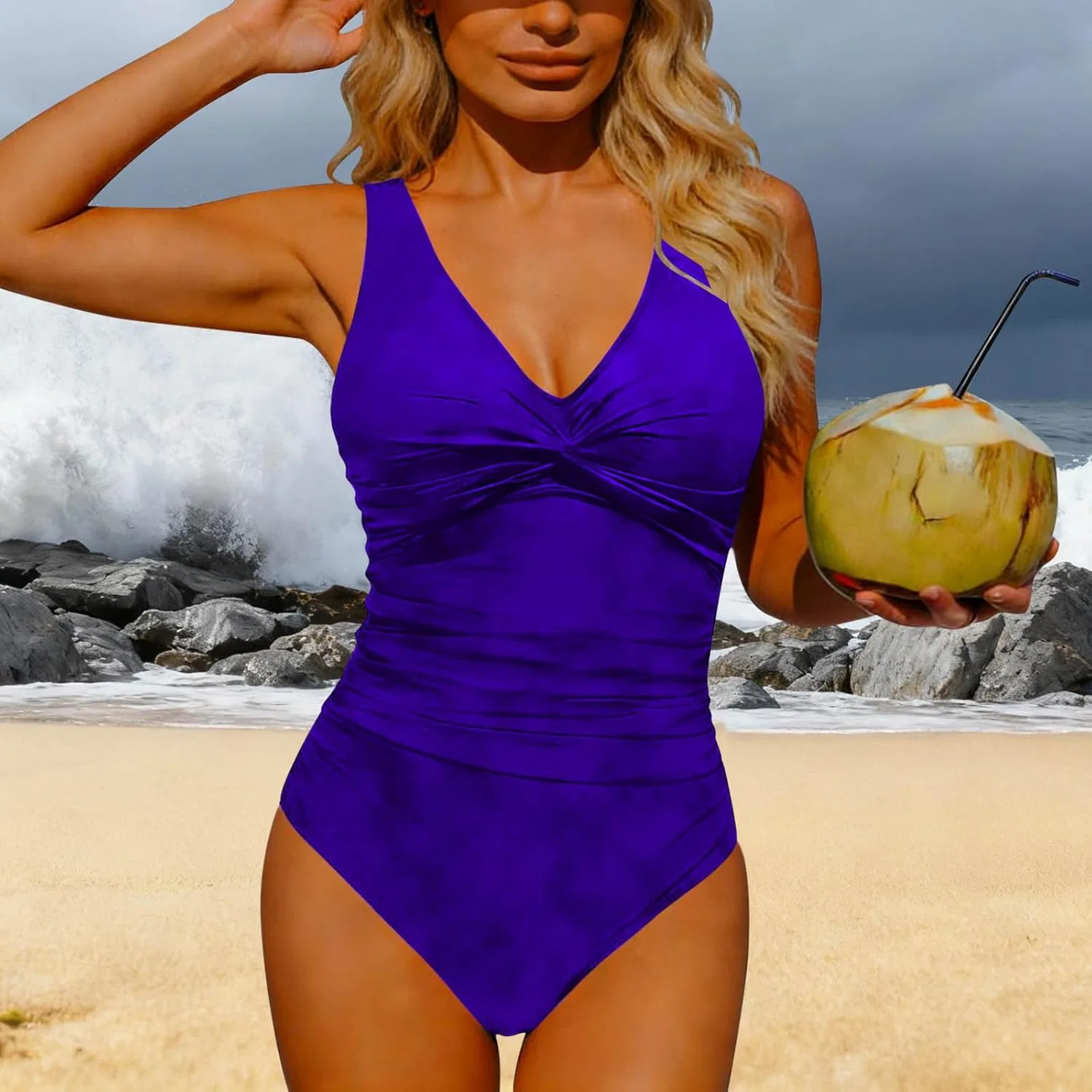 Женский купальник слитный V-образный вырез Tummy Control Slimming, Blue — фото 3