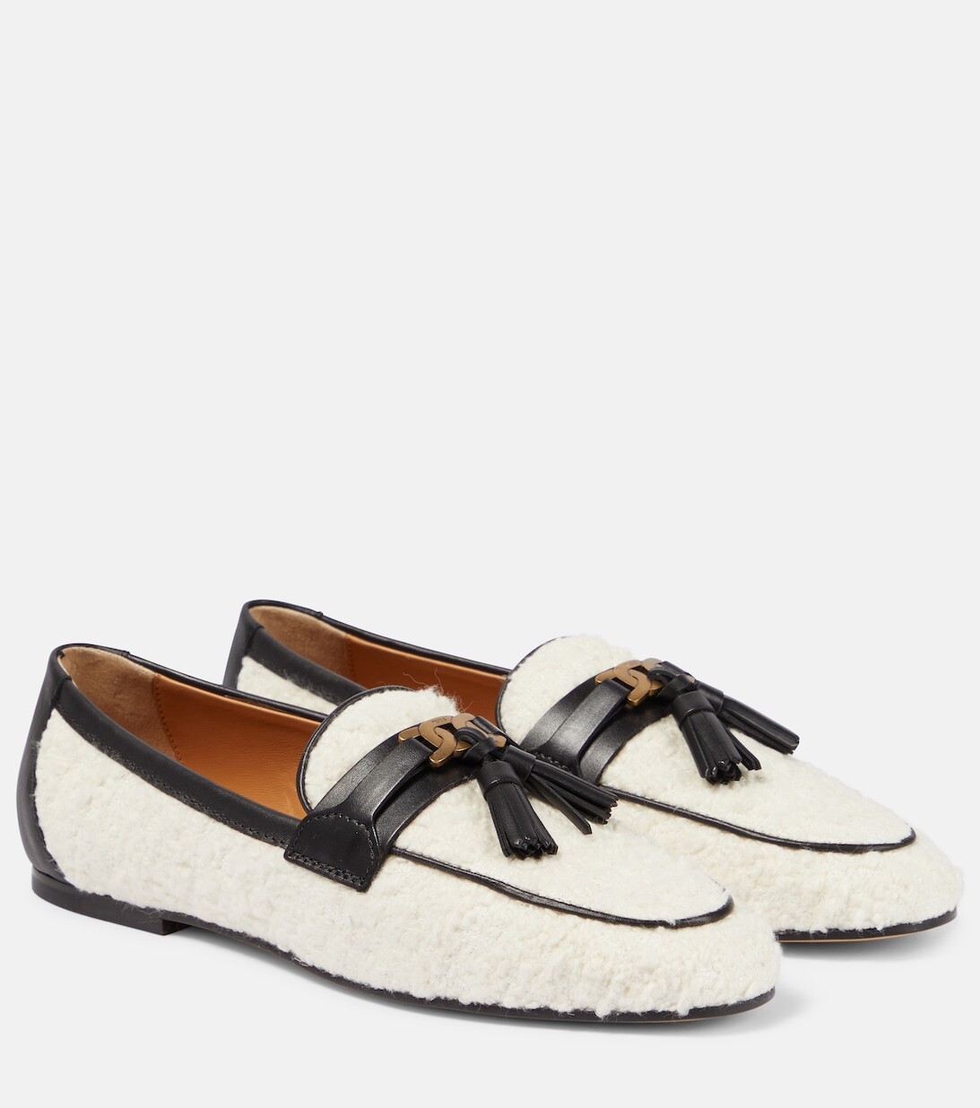 Лоферы из букле и кожи с кисточками Tod's, белый