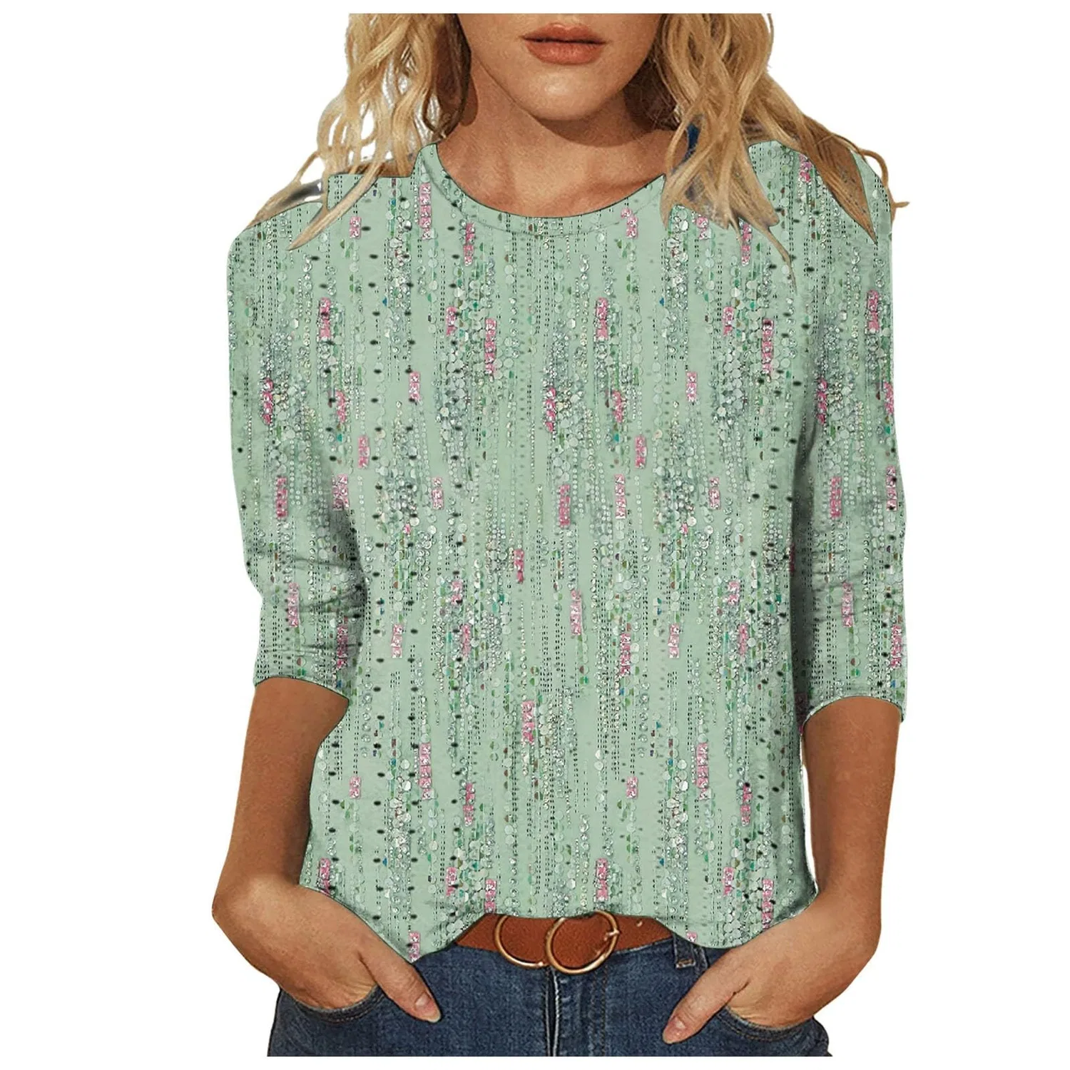 Женская футболка с принтом Plaid Shirt 3/4 Sleeves, B-green
