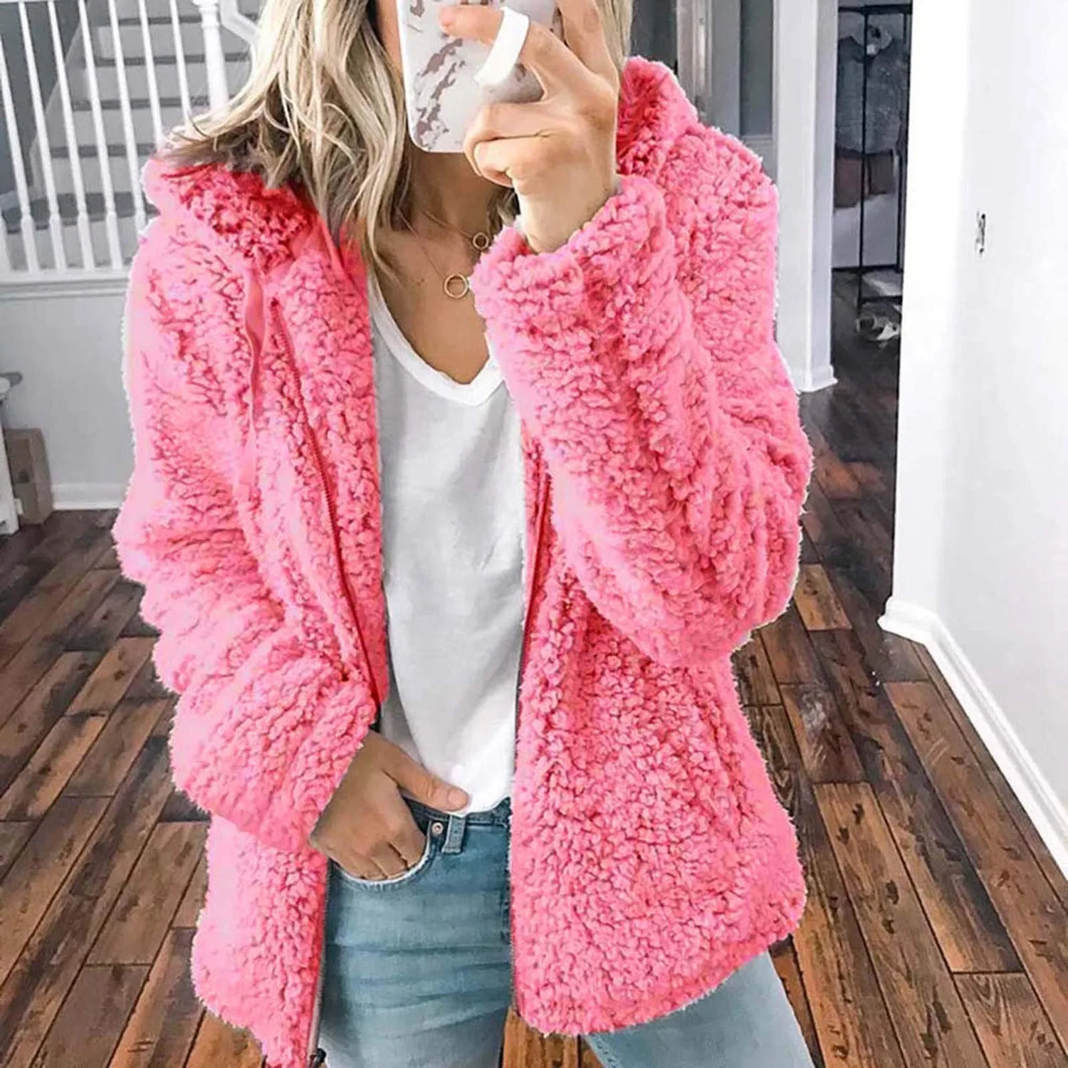 Женское пальто с капюшоном из флиса, Colore: rosa — фото 2
