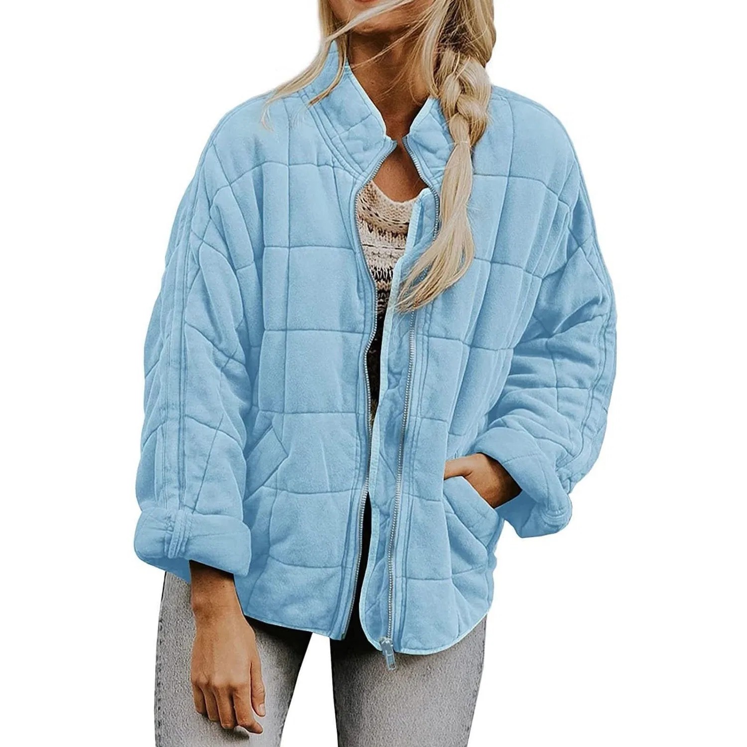 Женская легкая стеганая куртка oversize с длинным рукавом, Azzurro