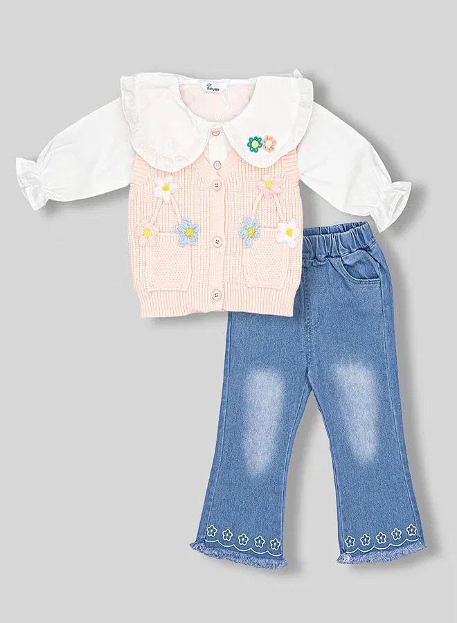 Комплект вязаный жилет с джинсами Pastel floral knit Babyqlo, розовый — фото 3