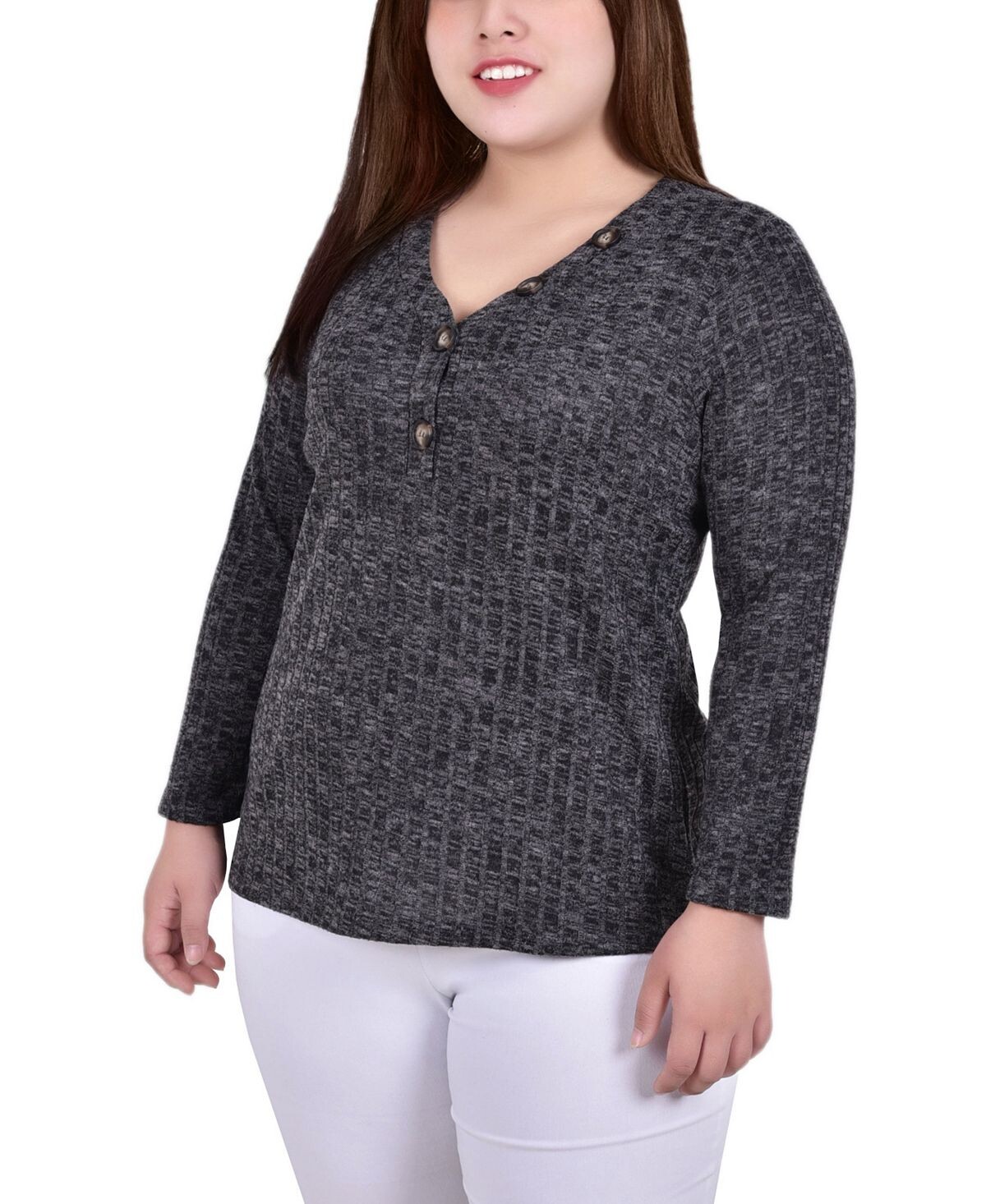 

Плюс размер с длинным рукавом в рубчик henley NY Collection, мульти