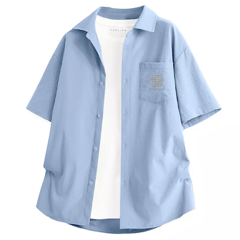 Детская рубашка с воротником-стойкой из льна Tonlion, Light Blue