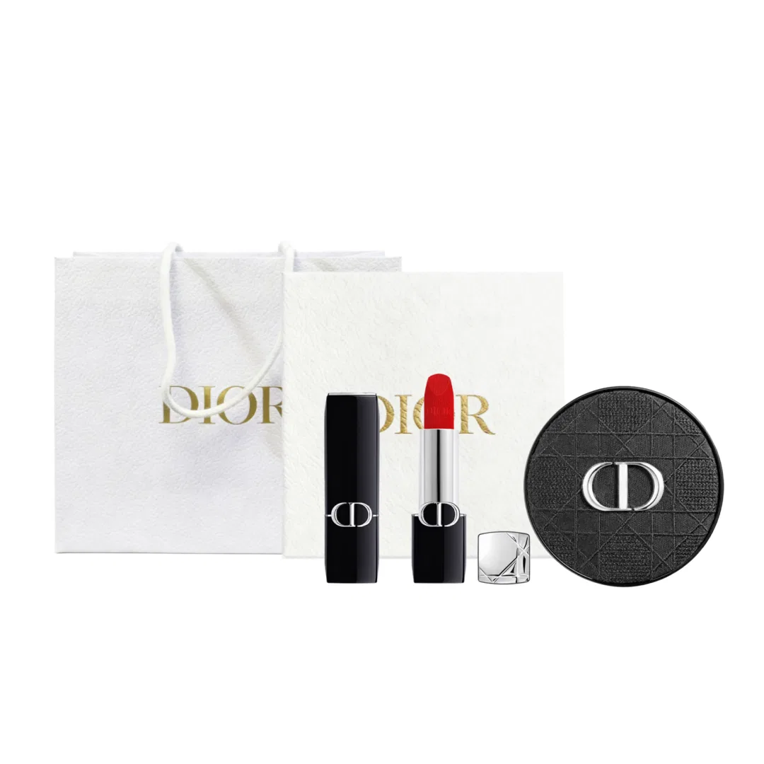 Женский набор косметики с матовой помадой и тональным кремом Velvet Lipstick 999 + Hydrating Cushion Compact 0N, DIOR, Красный