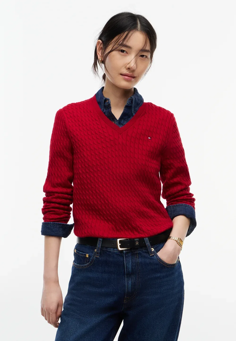 Свитер с V-образным вырезом и косами Tommy Hilfiger, Raspberry Juice