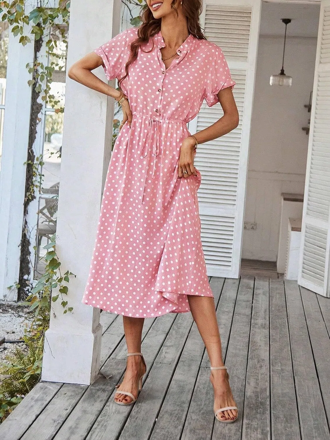 Женское летнее платье с запахом Polka Dot Half Button Knot Front Maxi, Pink — фото 4