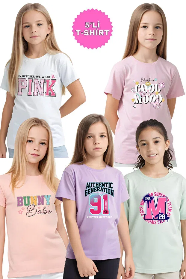 Детский комплект футболок с принтом bunny-91-pink-m-good Panios Kids, Lilac-Salmon-Mint Green-Light Pink-White