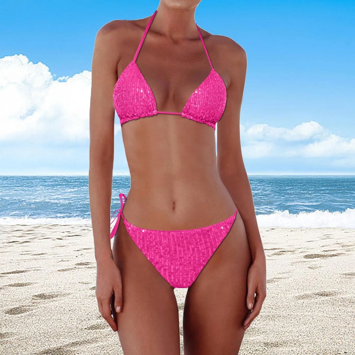 Женский бикини-сет с блестящими ребристыми чашками, Black/Hot Pink — фото 2