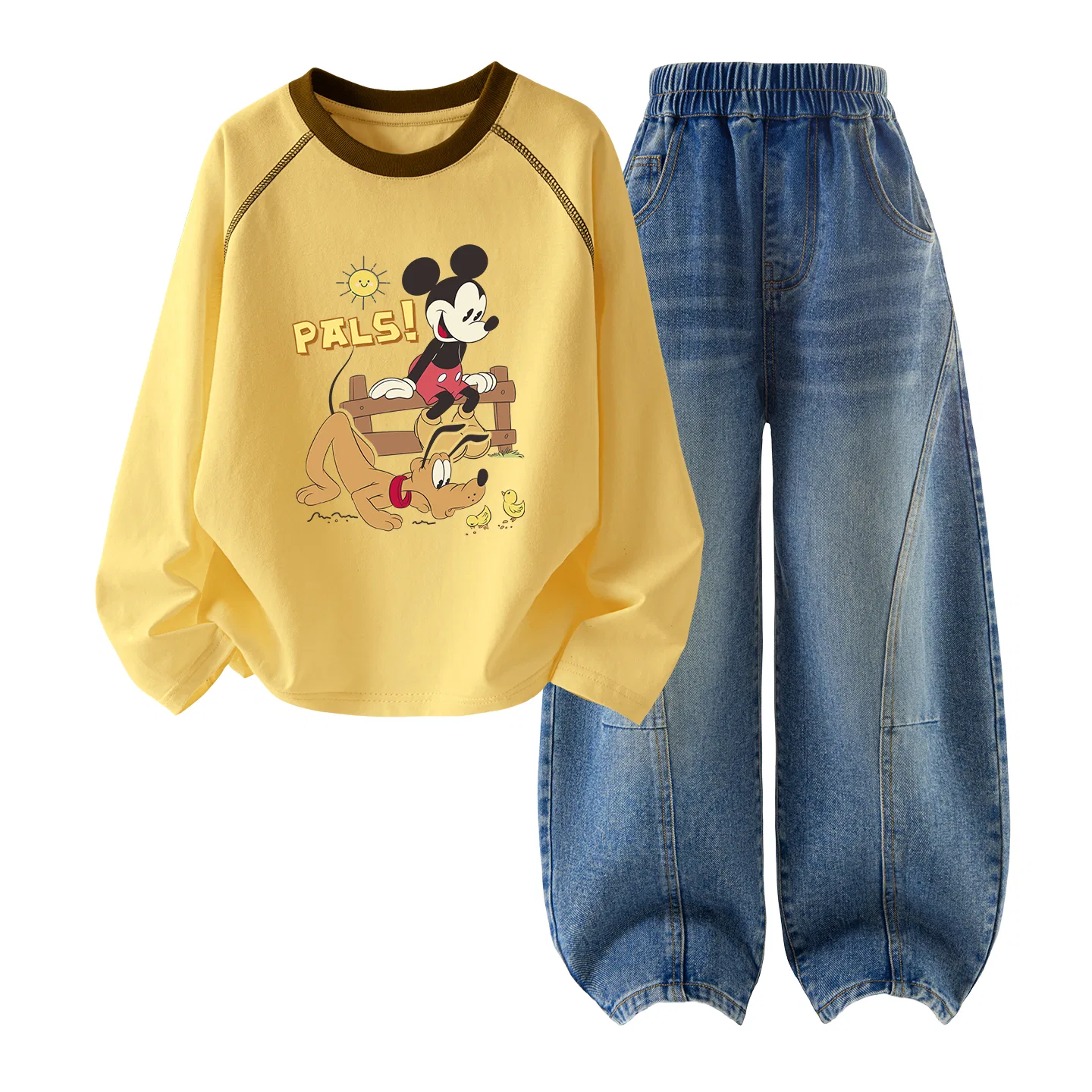 Детский спортивный костюм с круглым вырезом Disney, Цвет: Di Natural Cheese Yellow+Solid Color Denim Blue