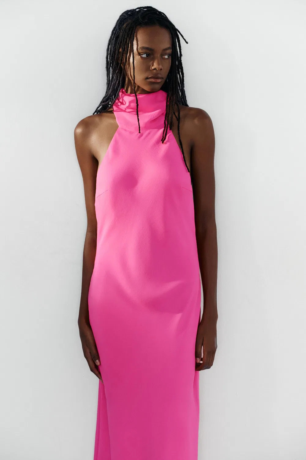 Длинное платье с воротником-стойкой и завязками ZARA, Neon pink — фото 4