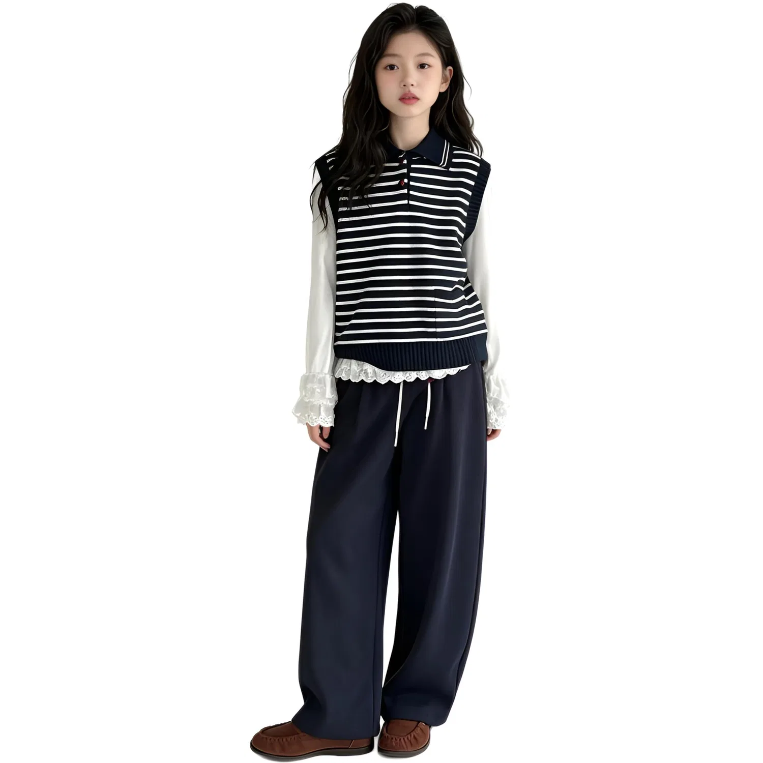 Детский комплект из жилета и брюк с воротником-поло, модель Vest Base Layer Two-Piece Set, MADALLO, Navy Blue Casual Pants