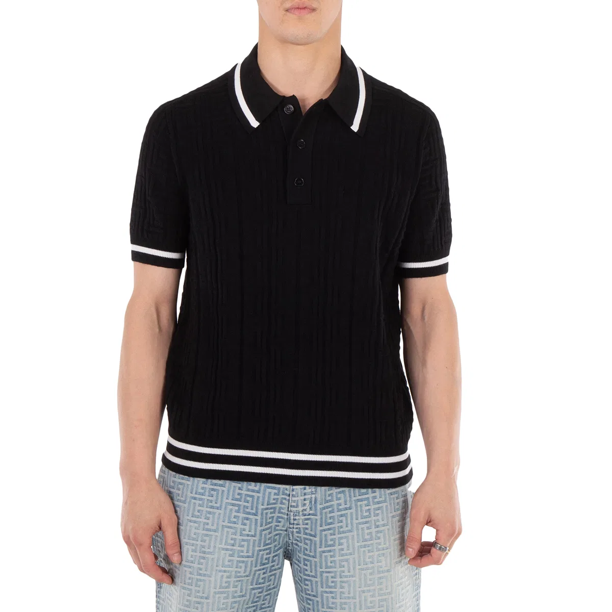 Мужской поло из шерсти с принтом 4G Knitted Wool Polo Shirt Balmain, Noir Blanc