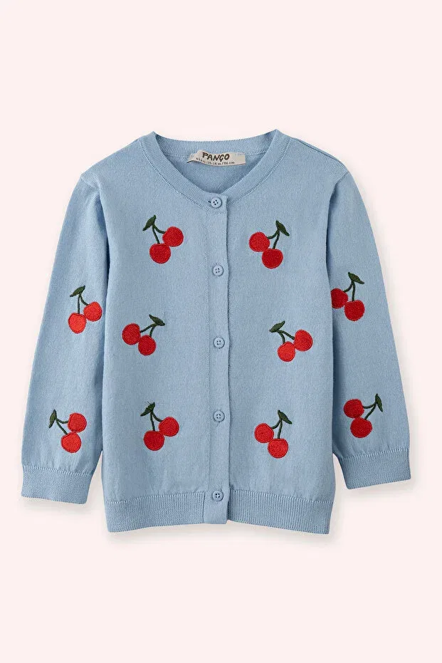 Детский кардиган с принтом Newborn cherry detailed buttoned knitwear blue cardigan Panço, 013-Blue