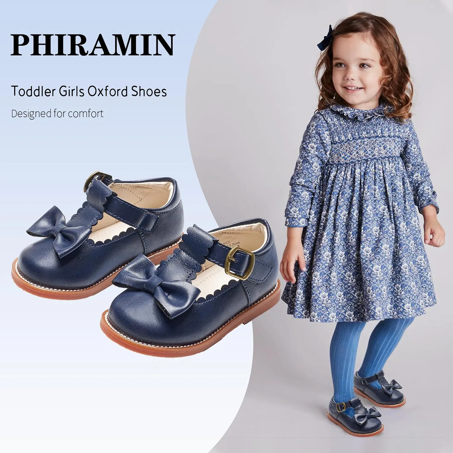 Детские туфли Мэри Джейн для девочек PHIRAMIN, Navy Blue — фото 3