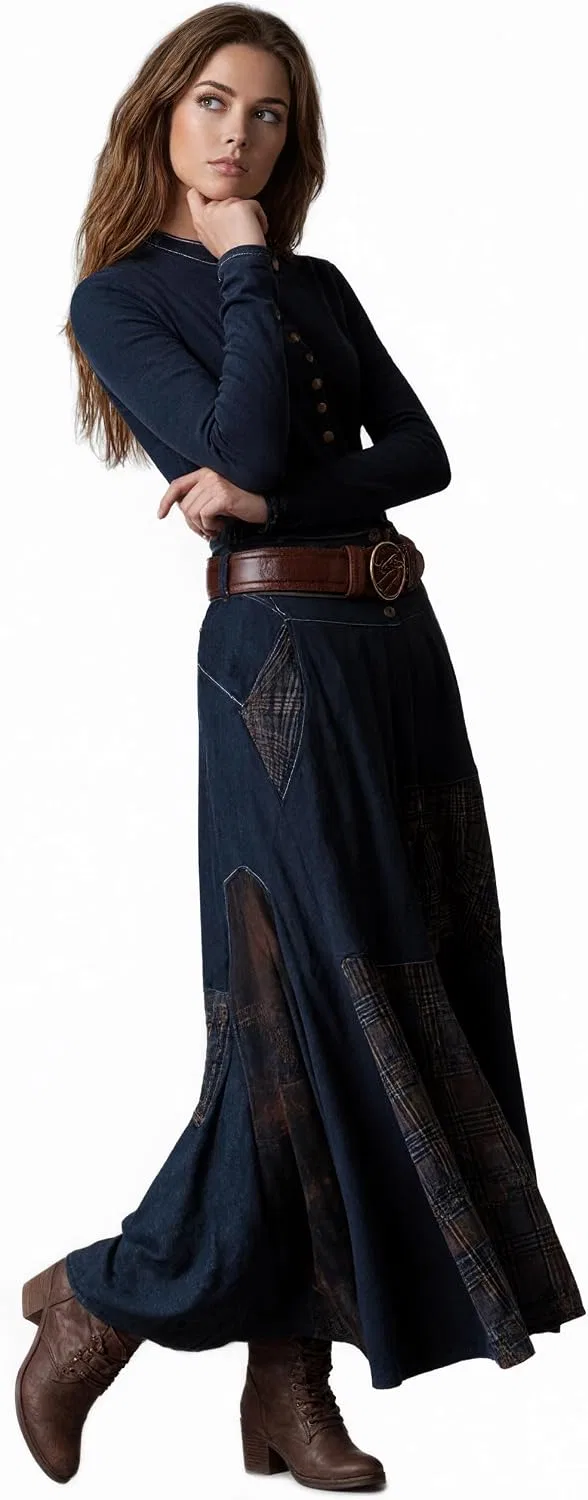 Женское платье макси с пледовым принтом Western Vintage, Navy Blue — фото 4