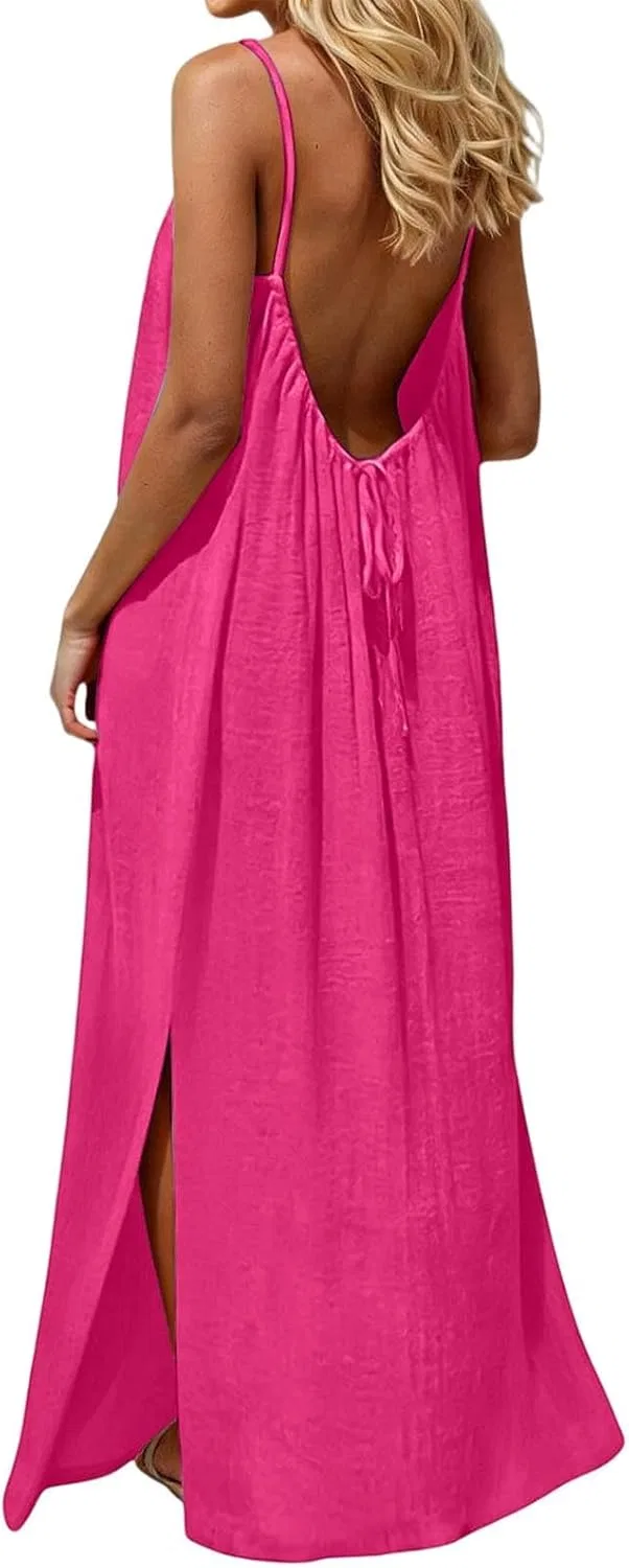 Женское повседневное платье на бретелях с открытой спиной, Hot Pink