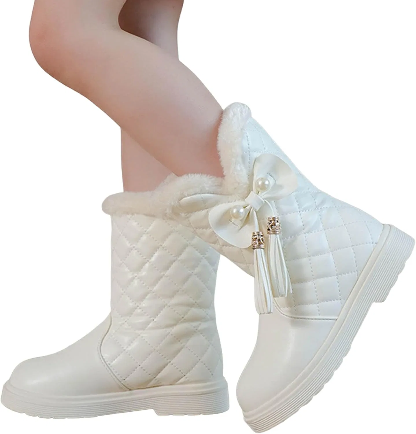 Детские зимние сапоги для девочек с бантом и кисточками, White — фото 4