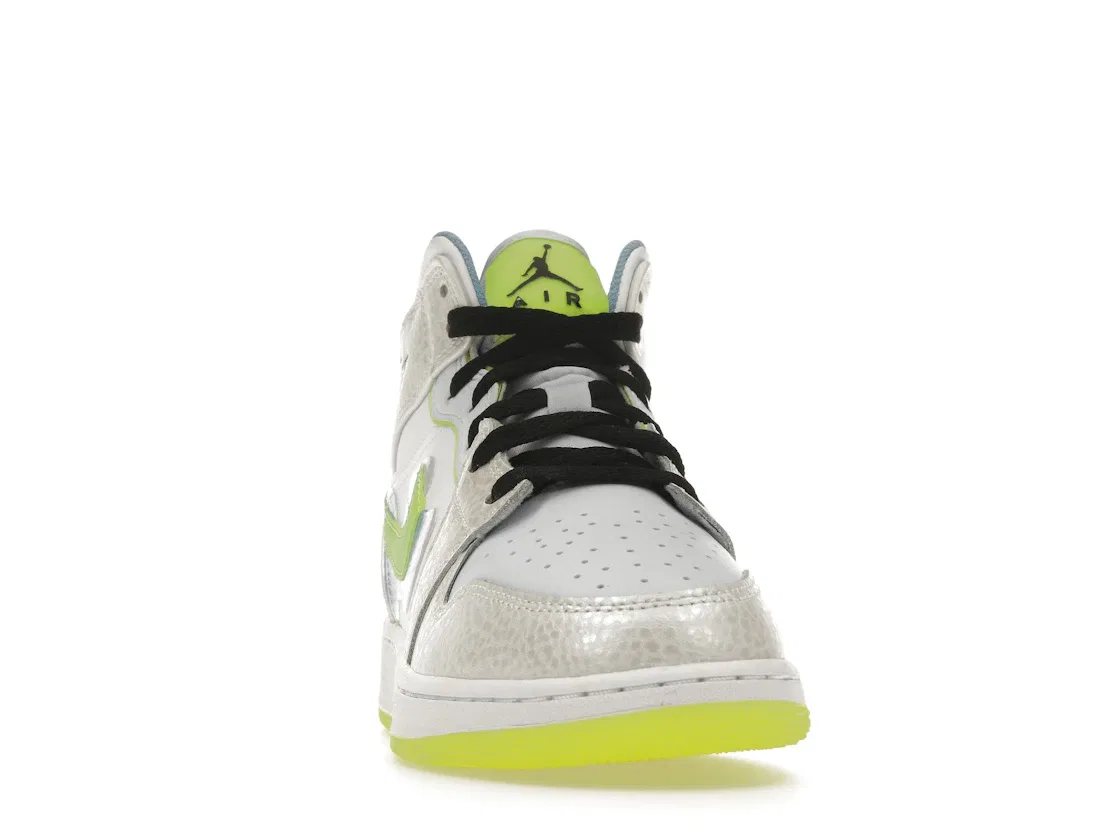 Детские кроссовки с принтом Jordan 1 Mid SE Warped Swoosh Jordan, Platinum Tint/Blue Tint/University Blue/Volt — фото 2